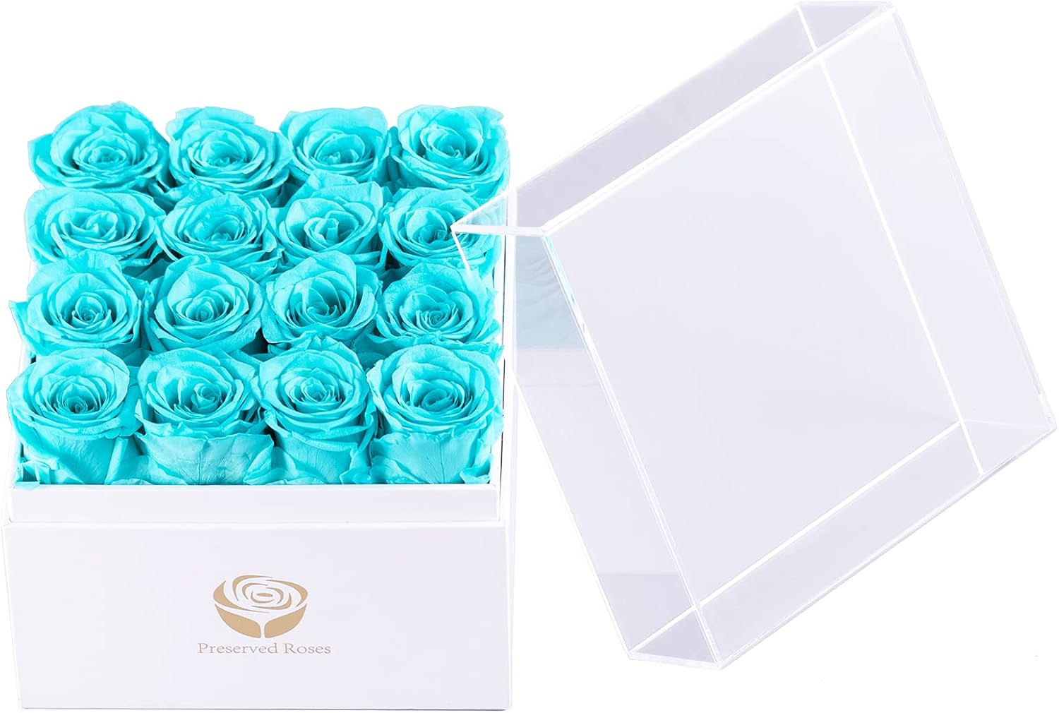 Preserved Real Roses in a Box, Rose Box Gifts for Her, Eternal Roses in a Box, Romantic Gifts for Her, Gift Box for Her/Women/Mother/Friend (16 Blue Roses, Square White Box)
