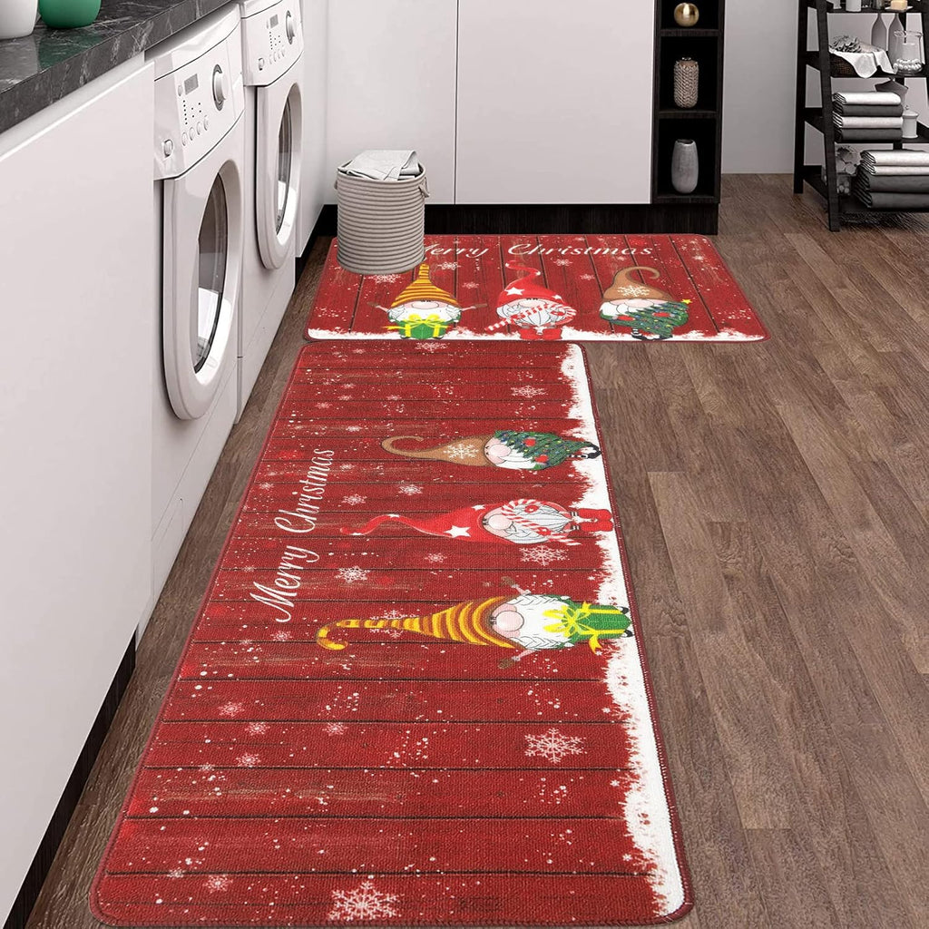 Christmas Kitchen Rug Set of 2 Farmhouse Kitchen Floor Mat Carpet No Slip Christmas Kitchen Mat Set for Floor Door Mat Runner Rug Machine Washable, 32"X20"+20"X59"