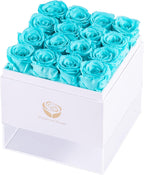 Preserved Real Roses in a Box, Rose Box Gifts for Her, Eternal Roses in a Box, Romantic Gifts for Her, Gift Box for Her/Women/Mother/Friend (16 Blue Roses, Square White Box)