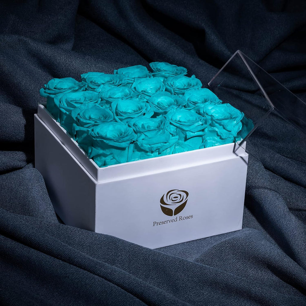 Preserved Real Roses in a Box, Rose Box Gifts for Her, Eternal Roses in a Box, Romantic Gifts for Her, Gift Box for Her/Women/Mother/Friend (16 Blue Roses, Square White Box)