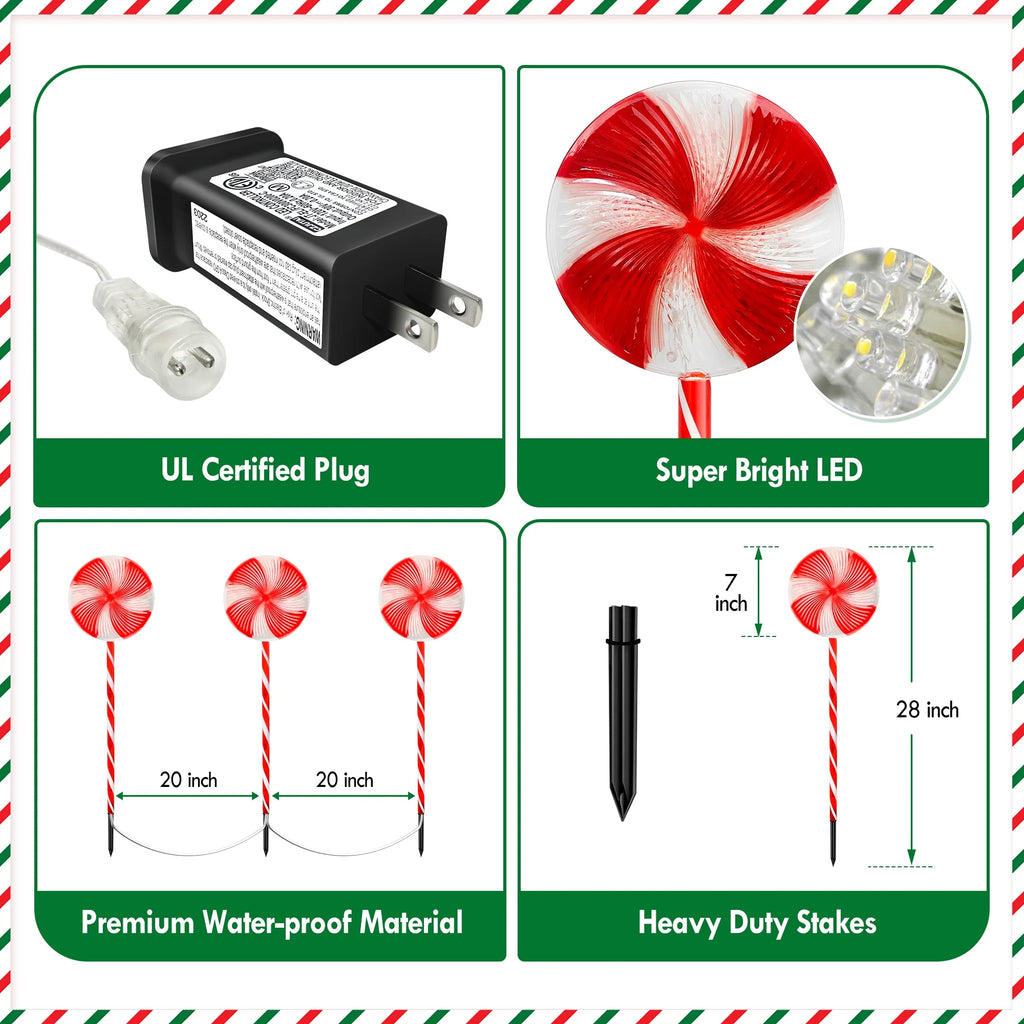 Set of 6 28Inch Christmas Pathway Light Lollipop Candy Marker Waterproof Outdoor Christmas Decor Light