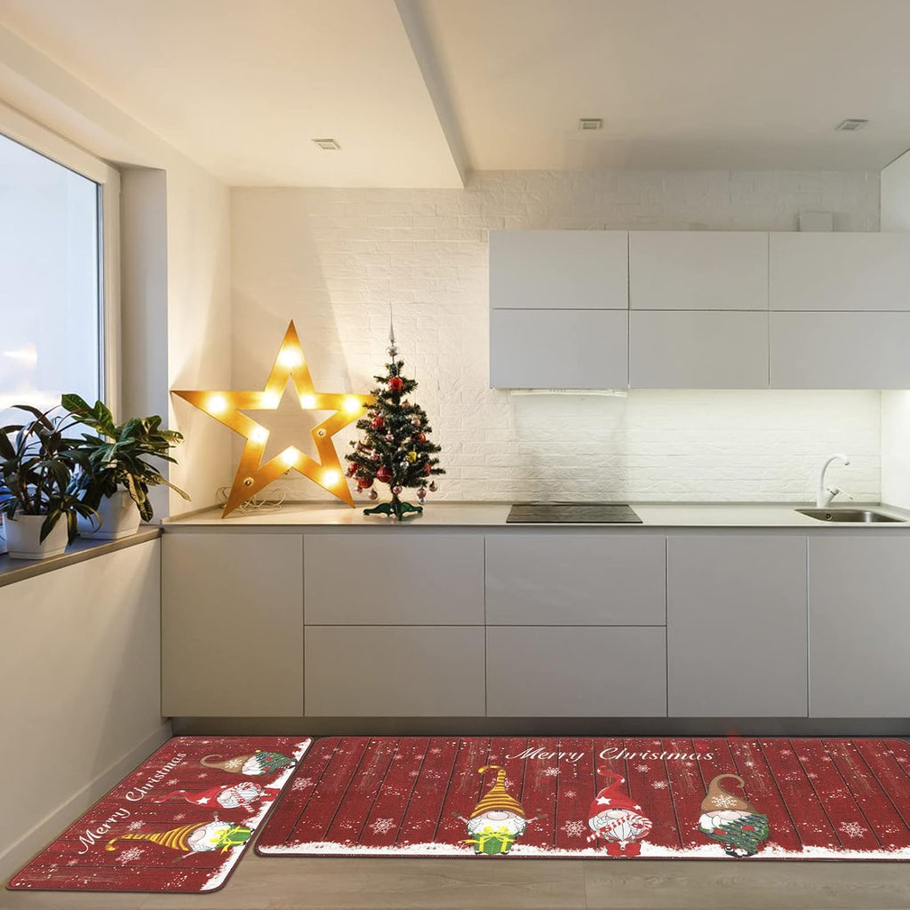 Christmas Kitchen Rug Set of 2 Farmhouse Kitchen Floor Mat Carpet No Slip Christmas Kitchen Mat Set for Floor Door Mat Runner Rug Machine Washable, 32"X20"+20"X59"