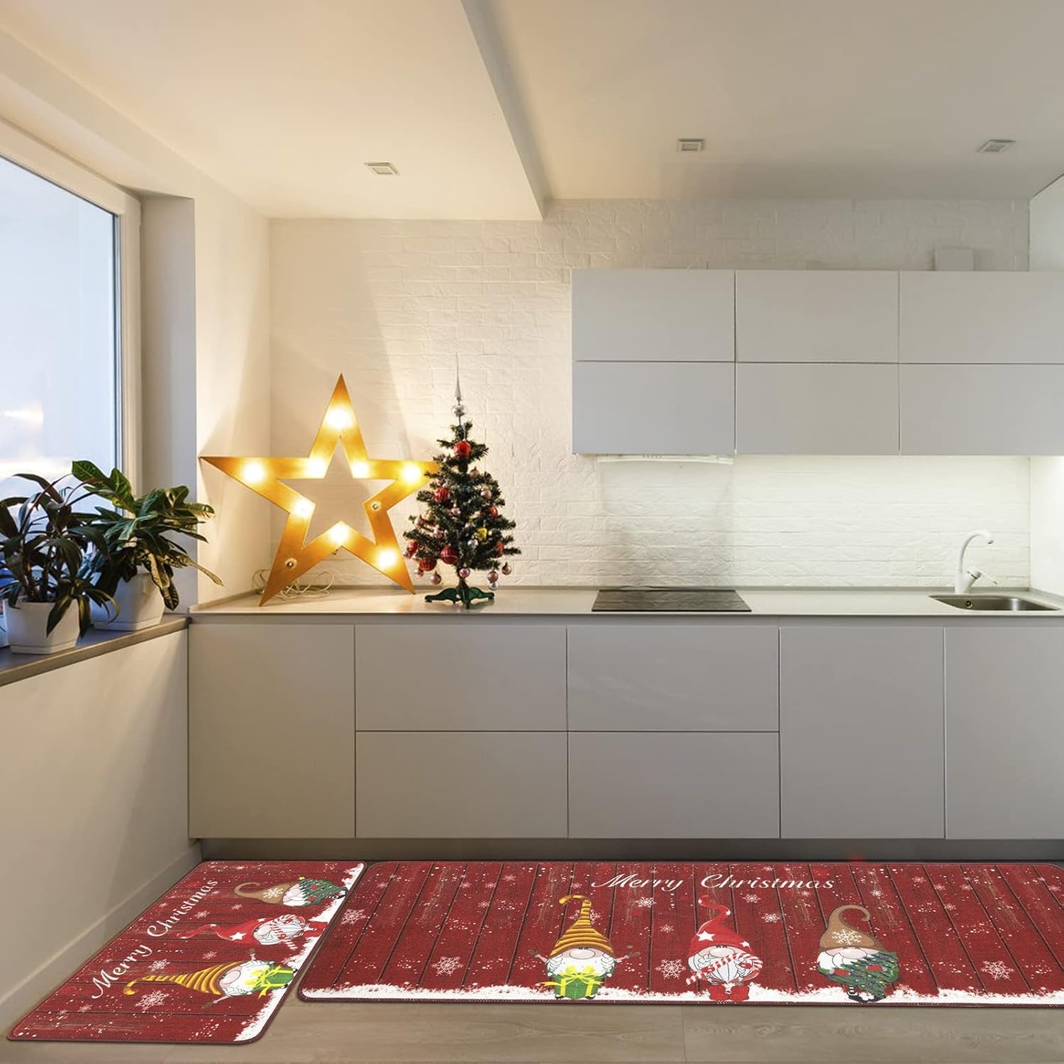 Christmas Kitchen Rug Set of 2 Farmhouse Kitchen Floor Mat Carpet No Slip Christmas Kitchen Mat Set for Floor Door Mat Runner Rug Machine Washable, 32"X20"+20"X59"