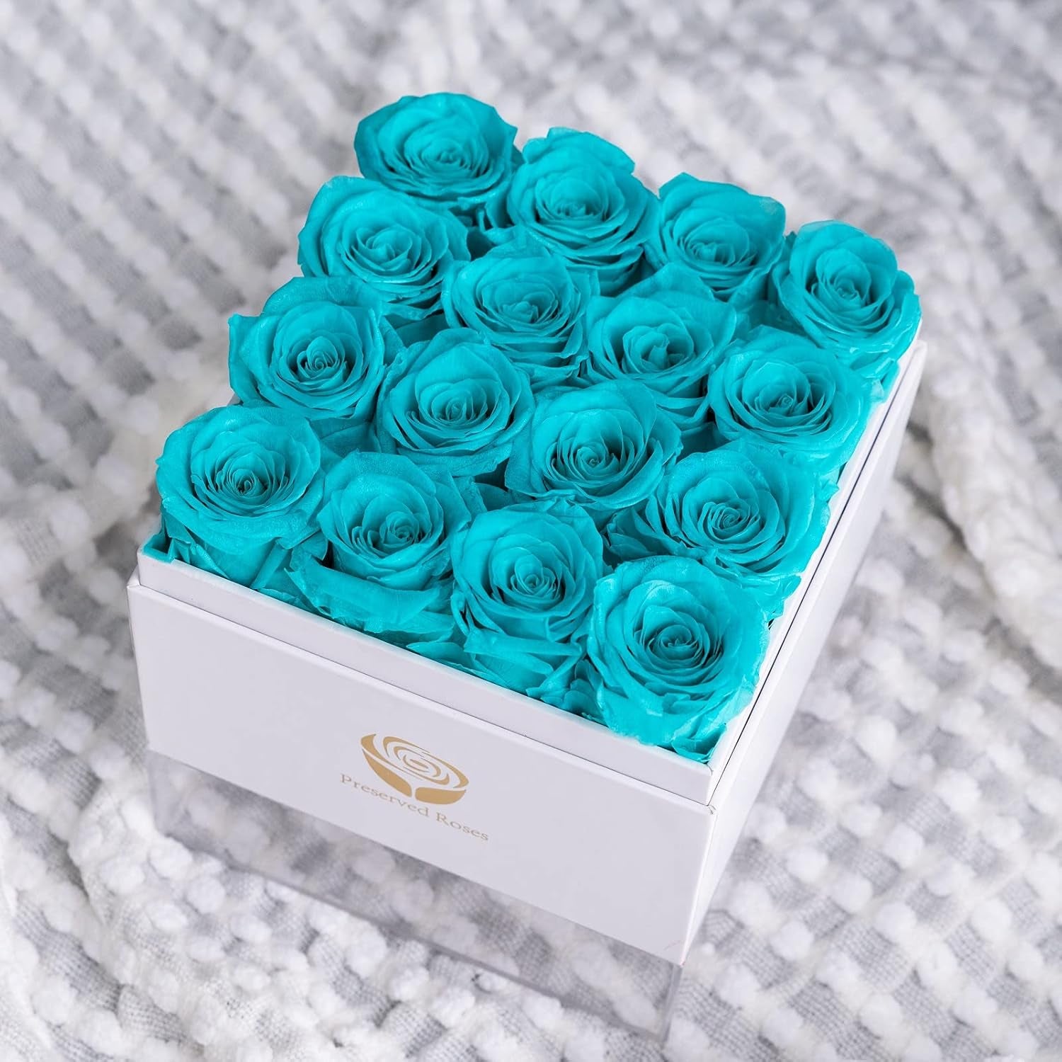 Preserved Real Roses in a Box, Rose Box Gifts for Her, Eternal Roses in a Box, Romantic Gifts for Her, Gift Box for Her/Women/Mother/Friend (16 Blue Roses, Square White Box)