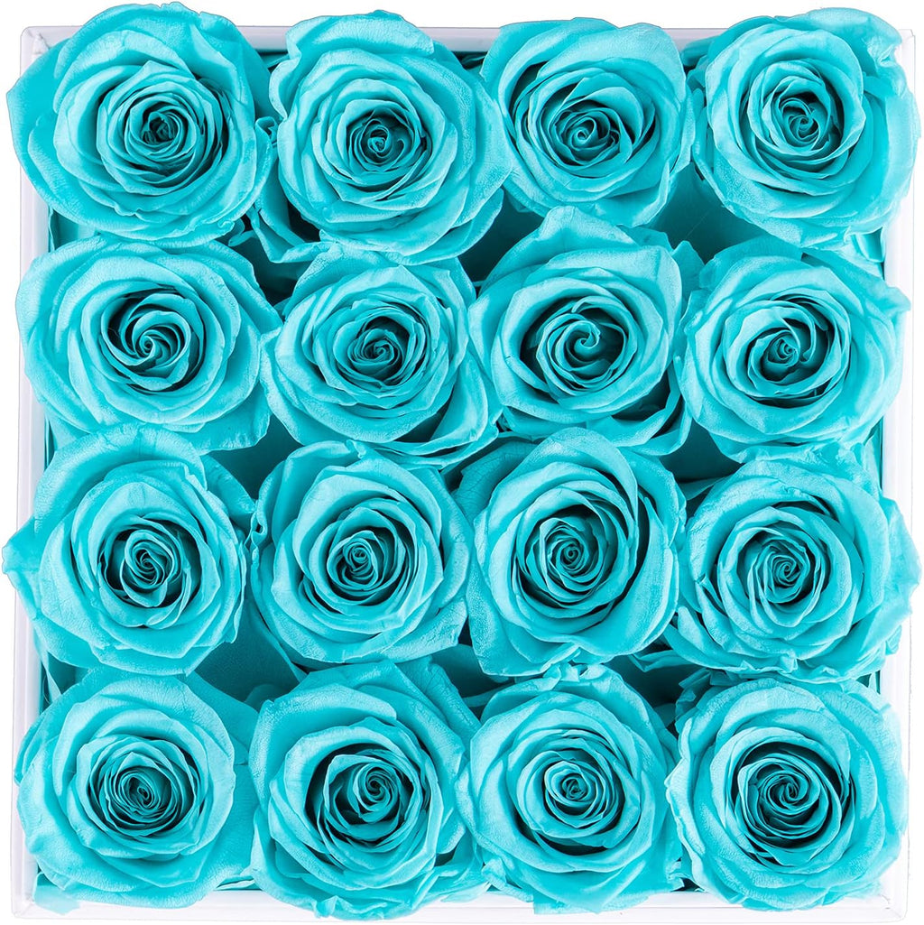 Preserved Real Roses in a Box, Rose Box Gifts for Her, Eternal Roses in a Box, Romantic Gifts for Her, Gift Box for Her/Women/Mother/Friend (16 Blue Roses, Square White Box)