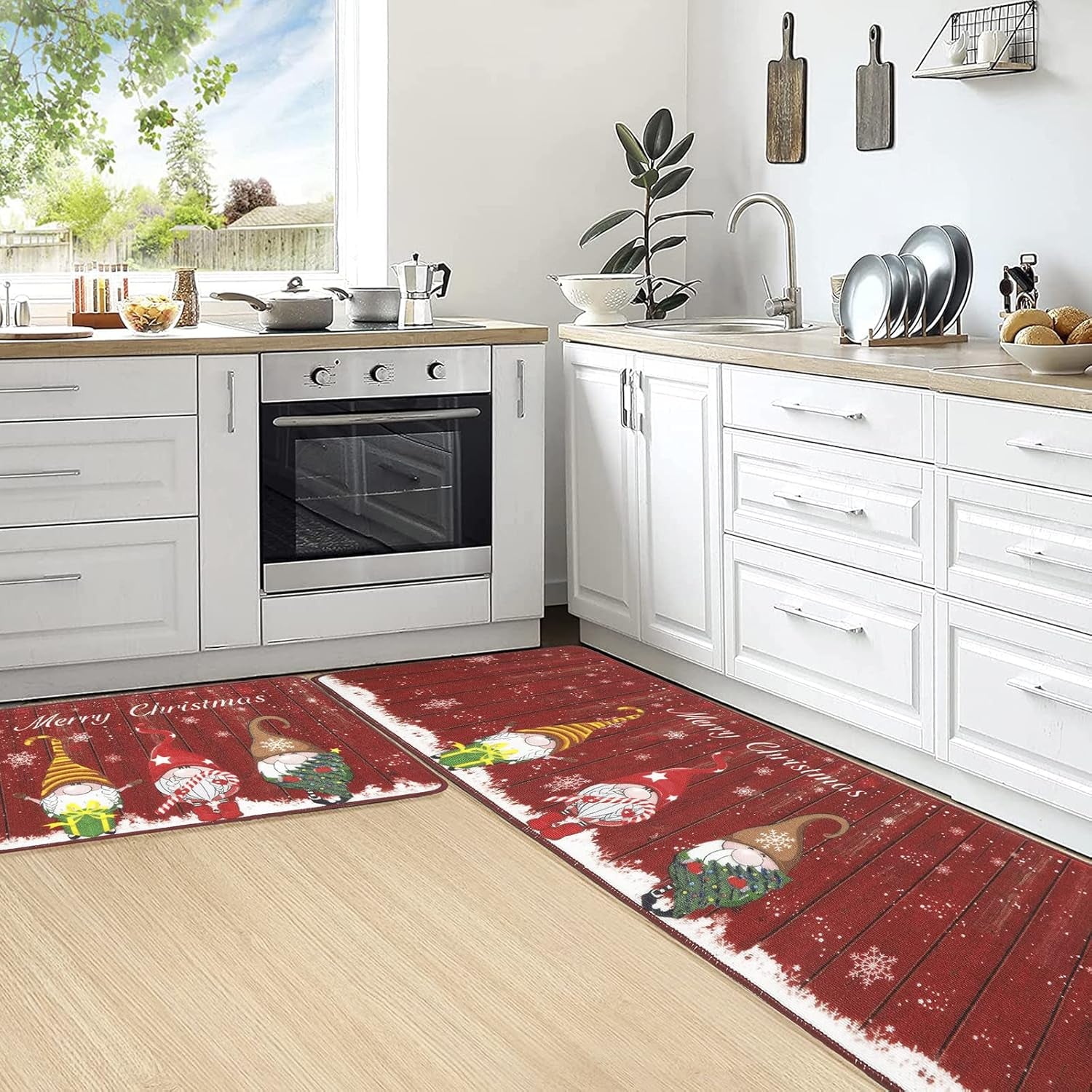 Christmas Kitchen Rug Set of 2 Farmhouse Kitchen Floor Mat Carpet No Slip Christmas Kitchen Mat Set for Floor Door Mat Runner Rug Machine Washable, 32"X20"+20"X59"