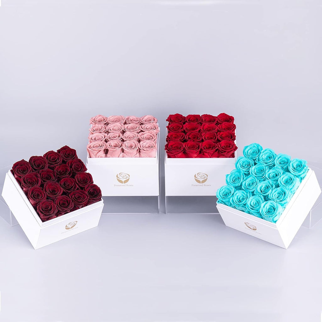 Preserved Real Roses in a Box, Rose Box Gifts for Her, Eternal Roses in a Box, Romantic Gifts for Her, Gift Box for Her/Women/Mother/Friend (16 Blue Roses, Square White Box)