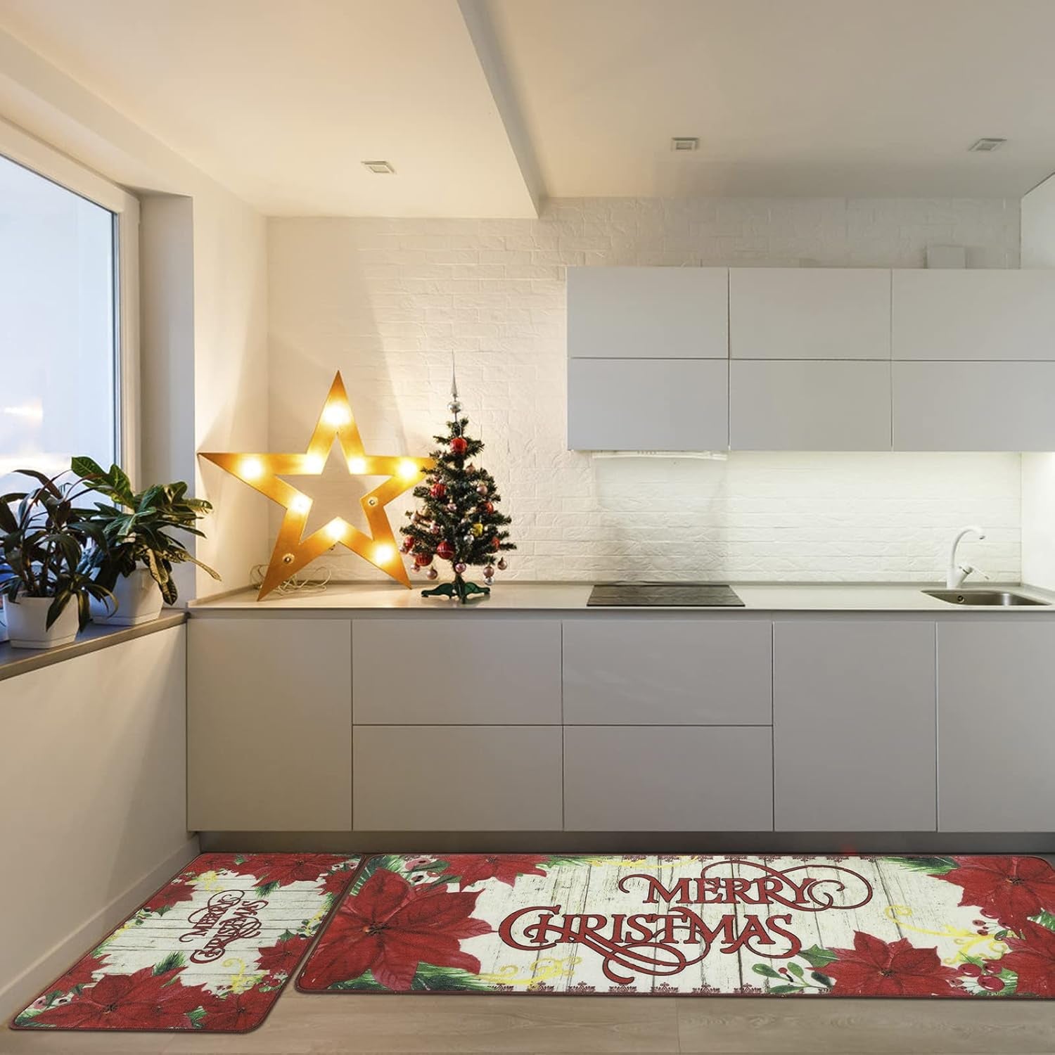 Christmas Kitchen Mats and Rugs Runner Set 2 Pieces Non Slip Kitchen Floor Rug Carpet Indoor Outdoor Floor Mat for Kitchen Sink,Laundry Room,Christmas Decorations