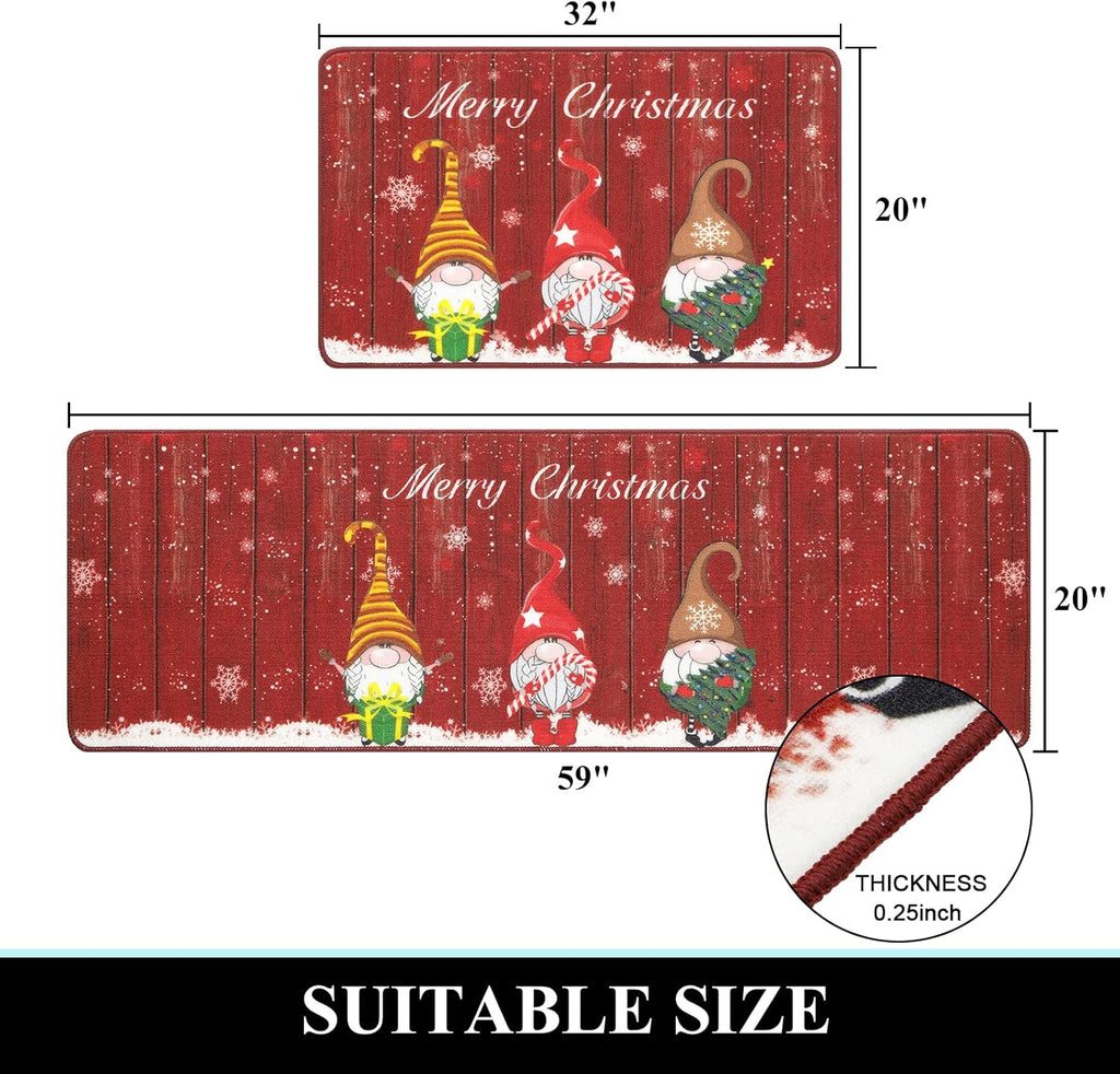 Christmas Kitchen Rug Set of 2 Farmhouse Kitchen Floor Mat Carpet No Slip Christmas Kitchen Mat Set for Floor Door Mat Runner Rug Machine Washable, 32"X20"+20"X59"
