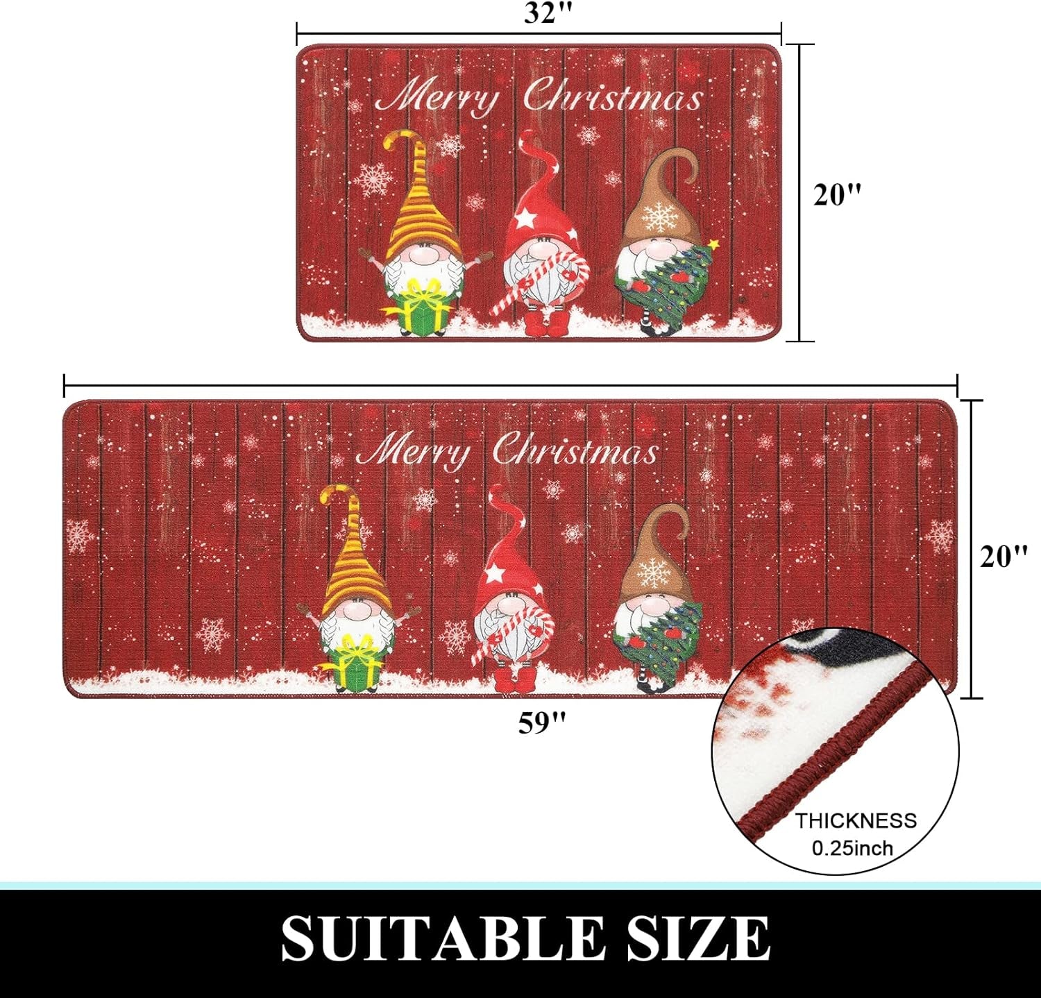 Christmas Kitchen Rug Set of 2 Farmhouse Kitchen Floor Mat Carpet No Slip Christmas Kitchen Mat Set for Floor Door Mat Runner Rug Machine Washable, 32"X20"+20"X59"